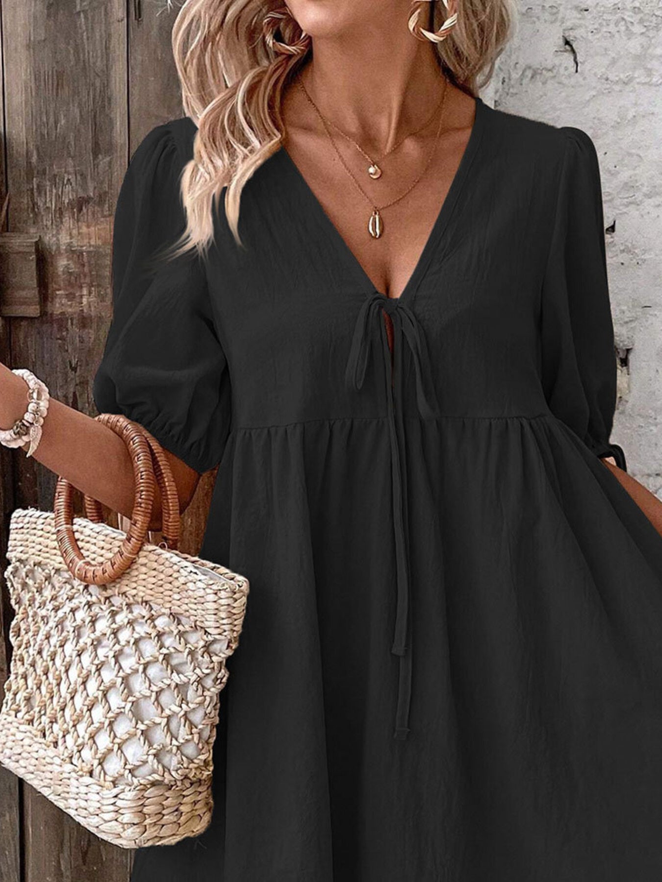 Tie Front Puff Sleeve Mini Dress