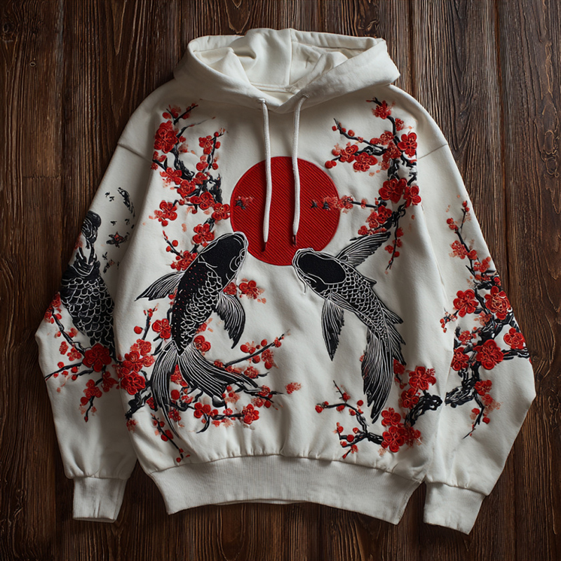 Men's Koi And Plum Blossoms Embroidered Japanese Art Casual Hoodie