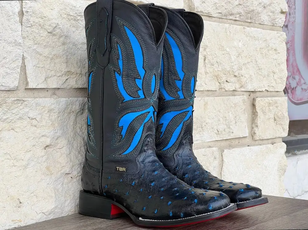 Men’s Black-Blue Ostrich Leather Boots With Red Soles
