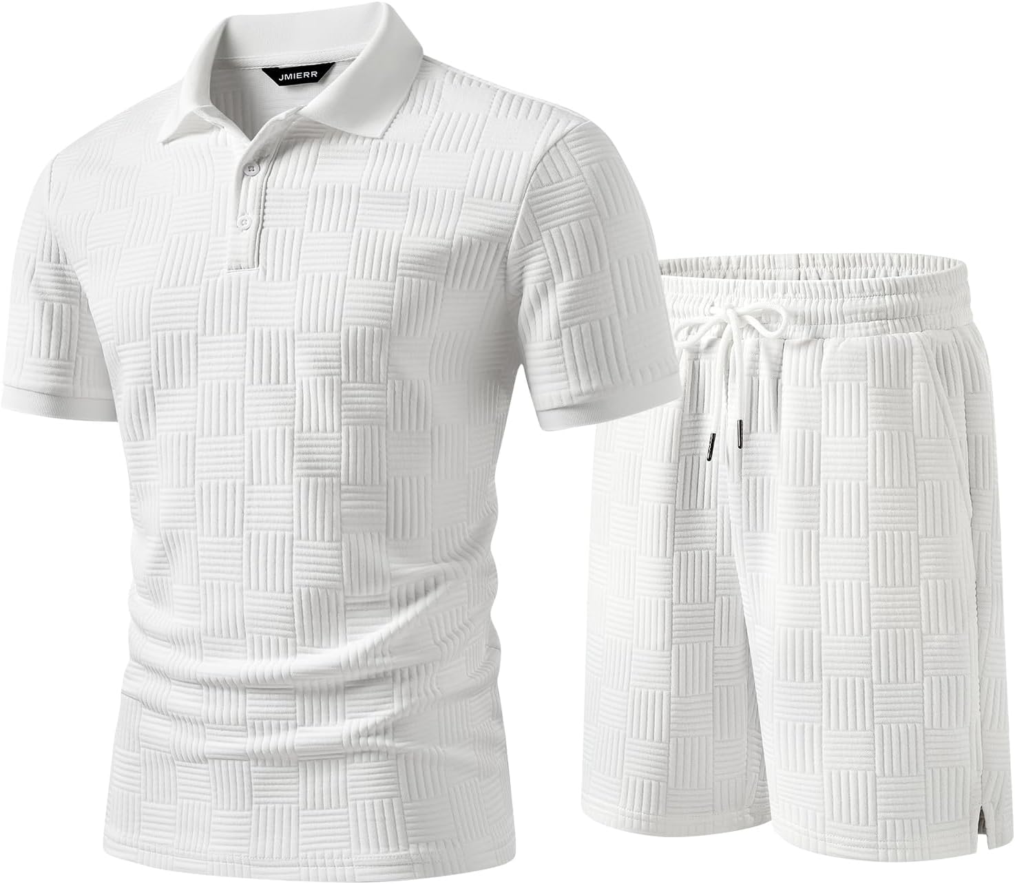 Mens Sweatsuits Sets Summer Tracksuits 2 Piece Outfits Textured Short Sleeve Golf Polo Drawstring Short