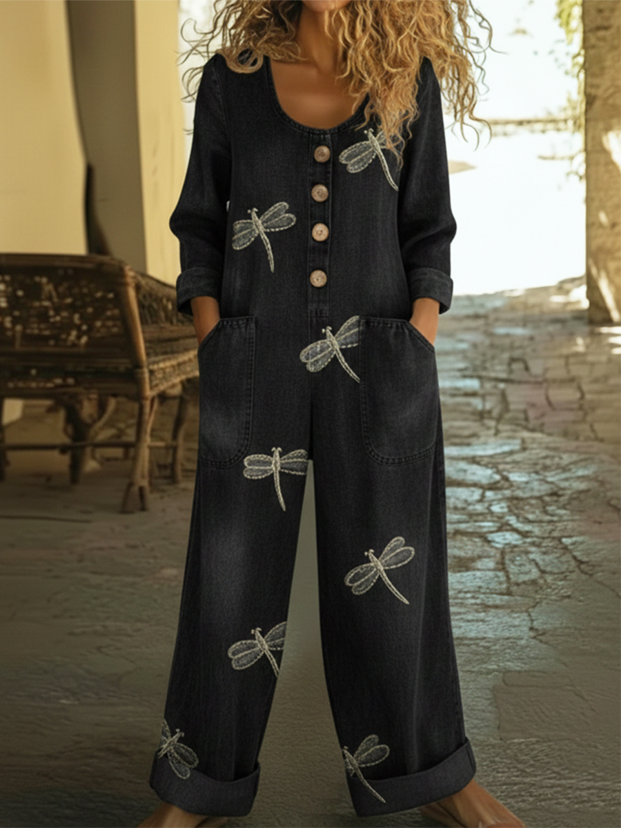 Casual Dragonfly Print Denim Jumpsuit