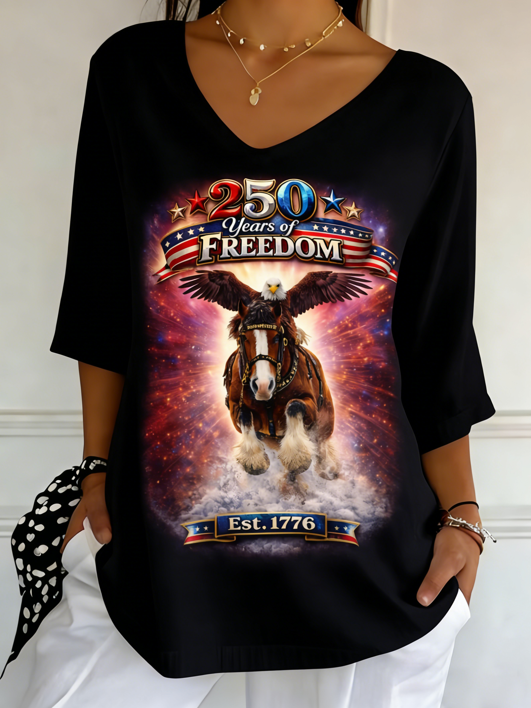 250 Years Of Freedom Patriotic Bald Eagle Clydesdale Horse 1776 Graphic V-Neck Top