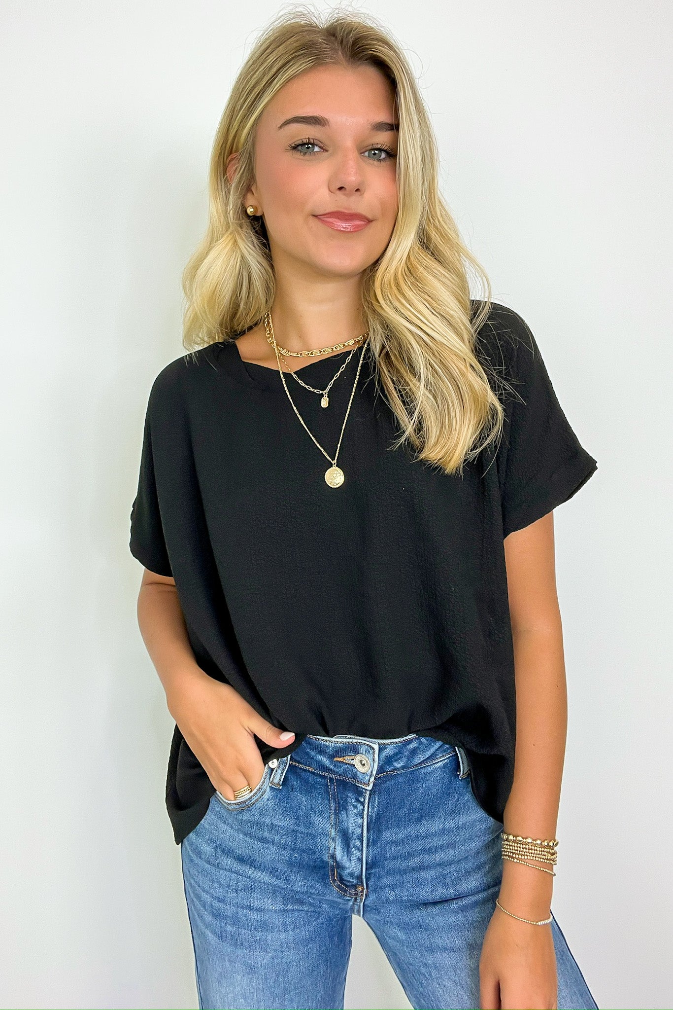 Woven Round Neck Flowy Top