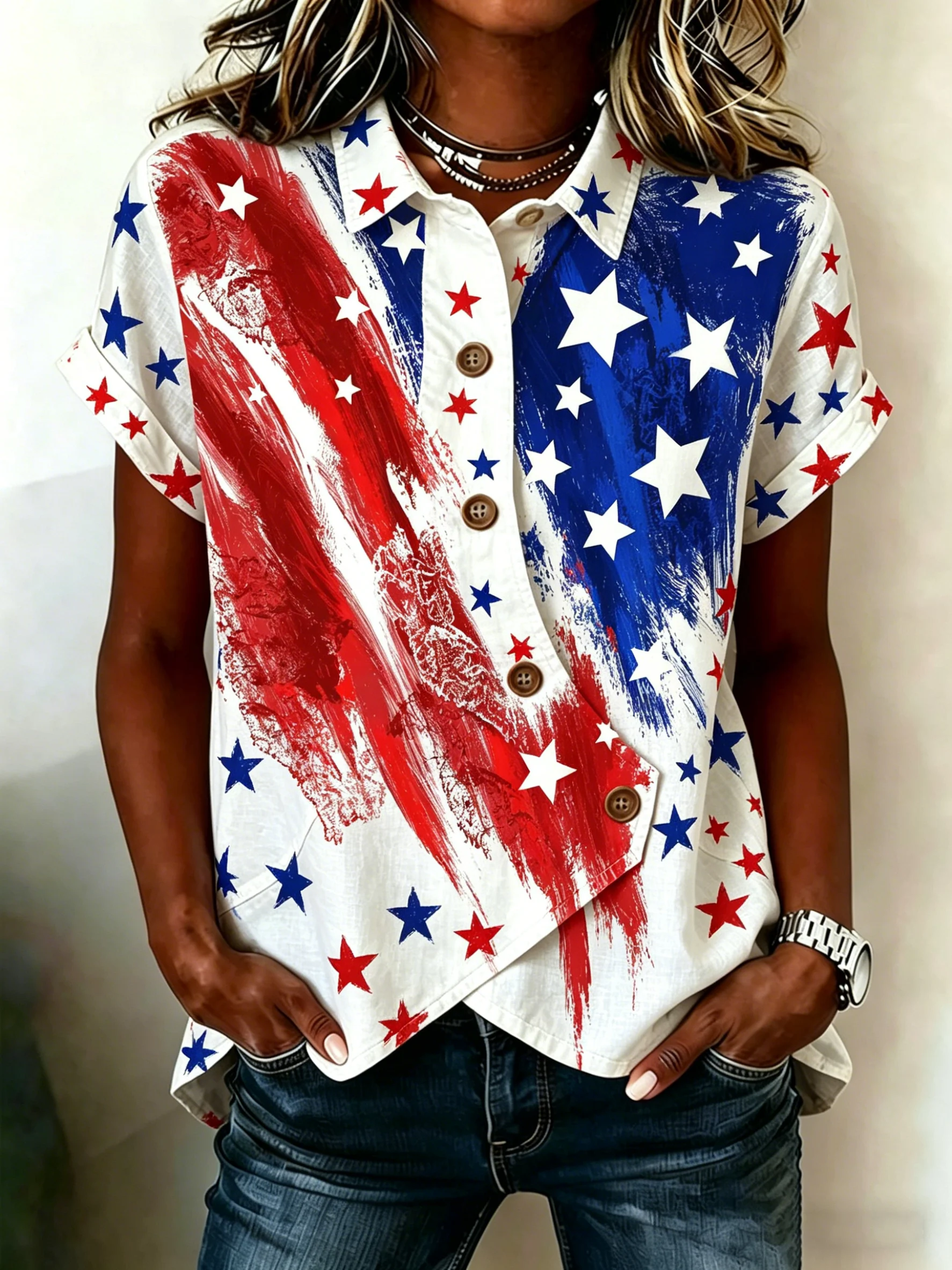 Women's Casual American Pentagram Striped Printed Top