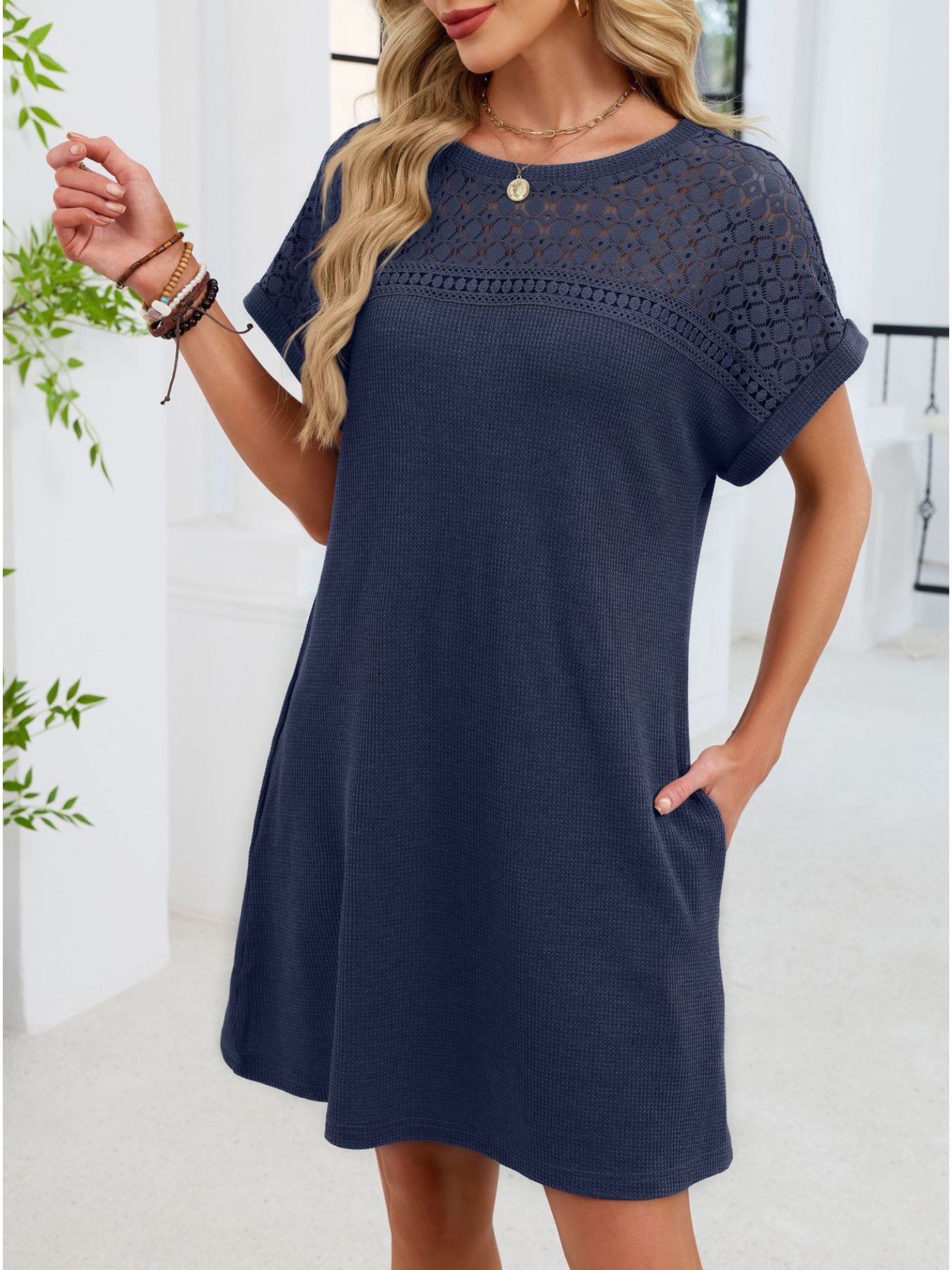 Lace Round Neck Short Sleeve T-Shirt Dress