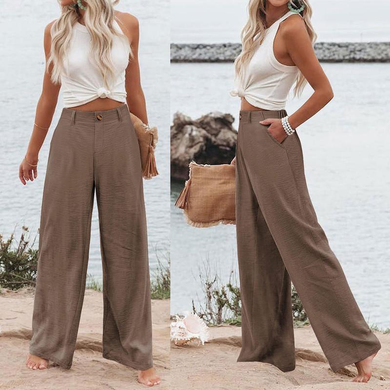 Womens Cotton Linen Pants Casual Button Up High Waisted Wide Leg Trousers Wideleg Loose Womenswear Apricot