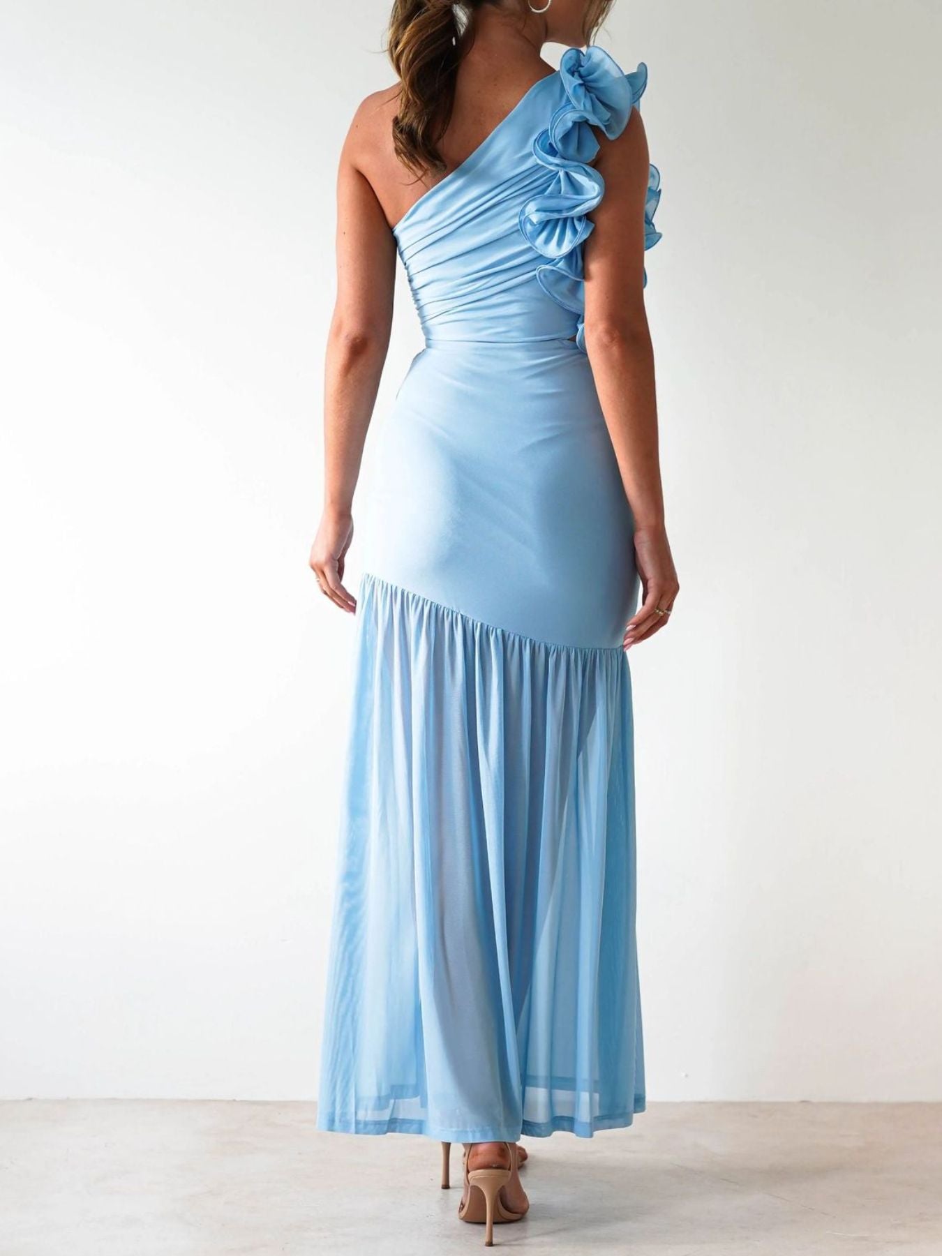 One-Shoulder Ruffle Trim Maxi Dress