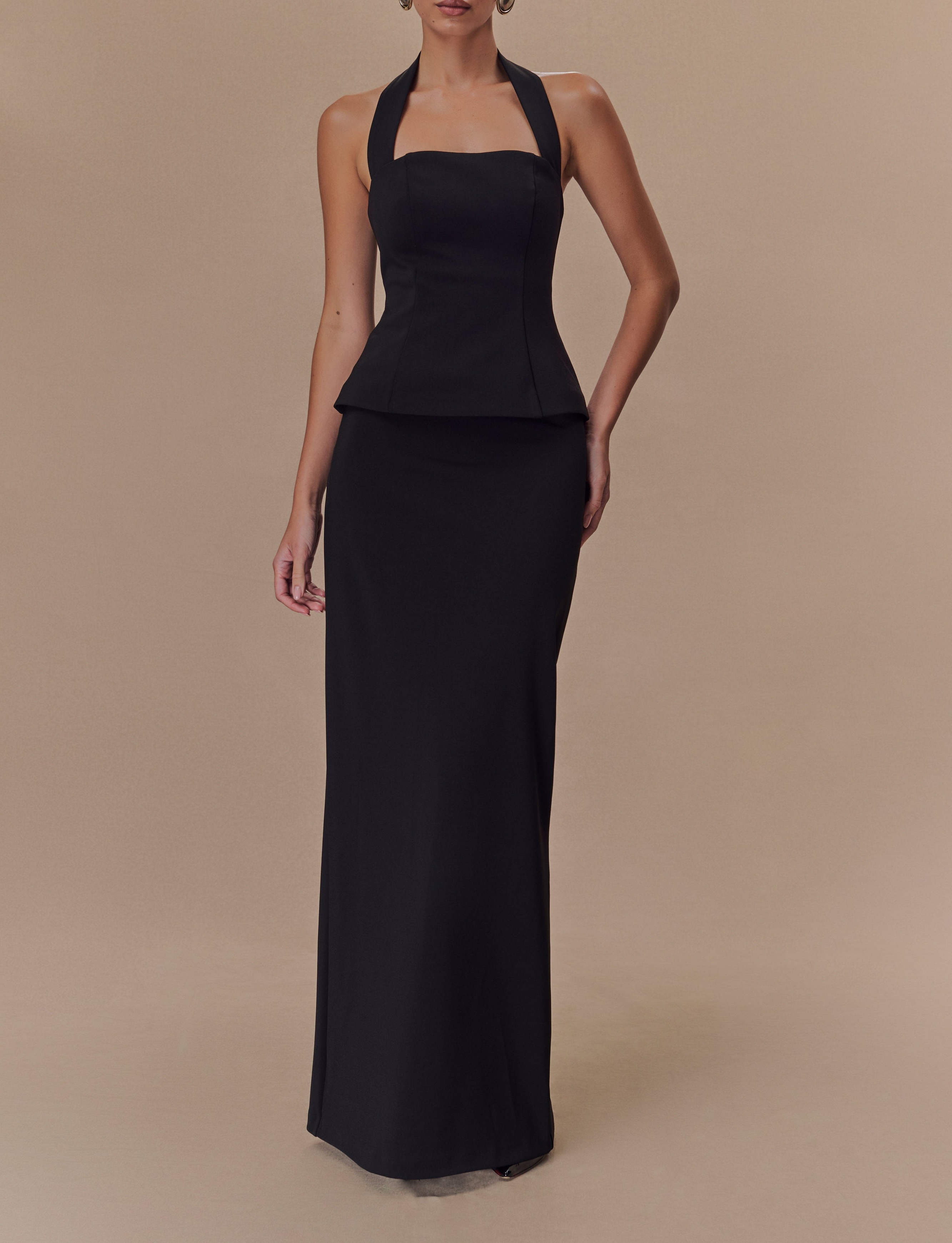 Black Peplum Halter Maxi Dress