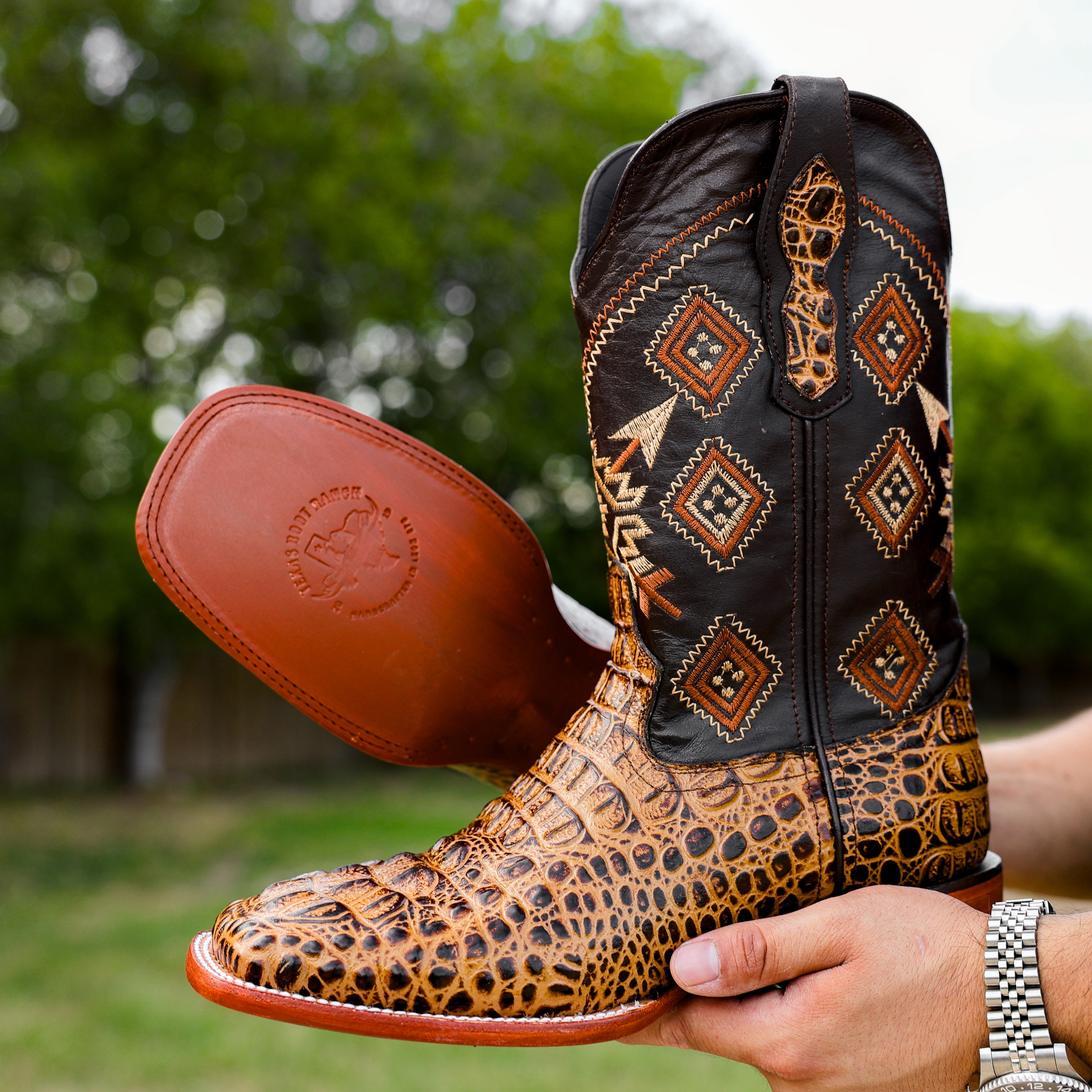 Honey Caiman Neck Leather Boots - Square Toe