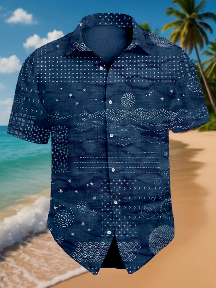 Men's Japanese Traditional Sashiko Art Beach Linen Shirt