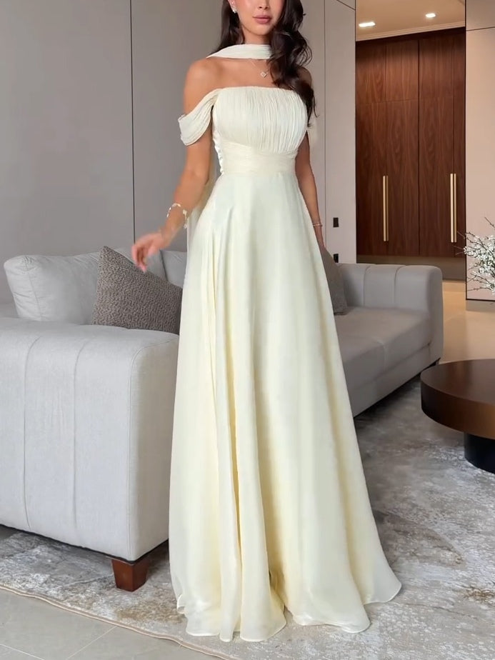 Cream Ribbon Off-shoulder Pleated Maxi Dress
