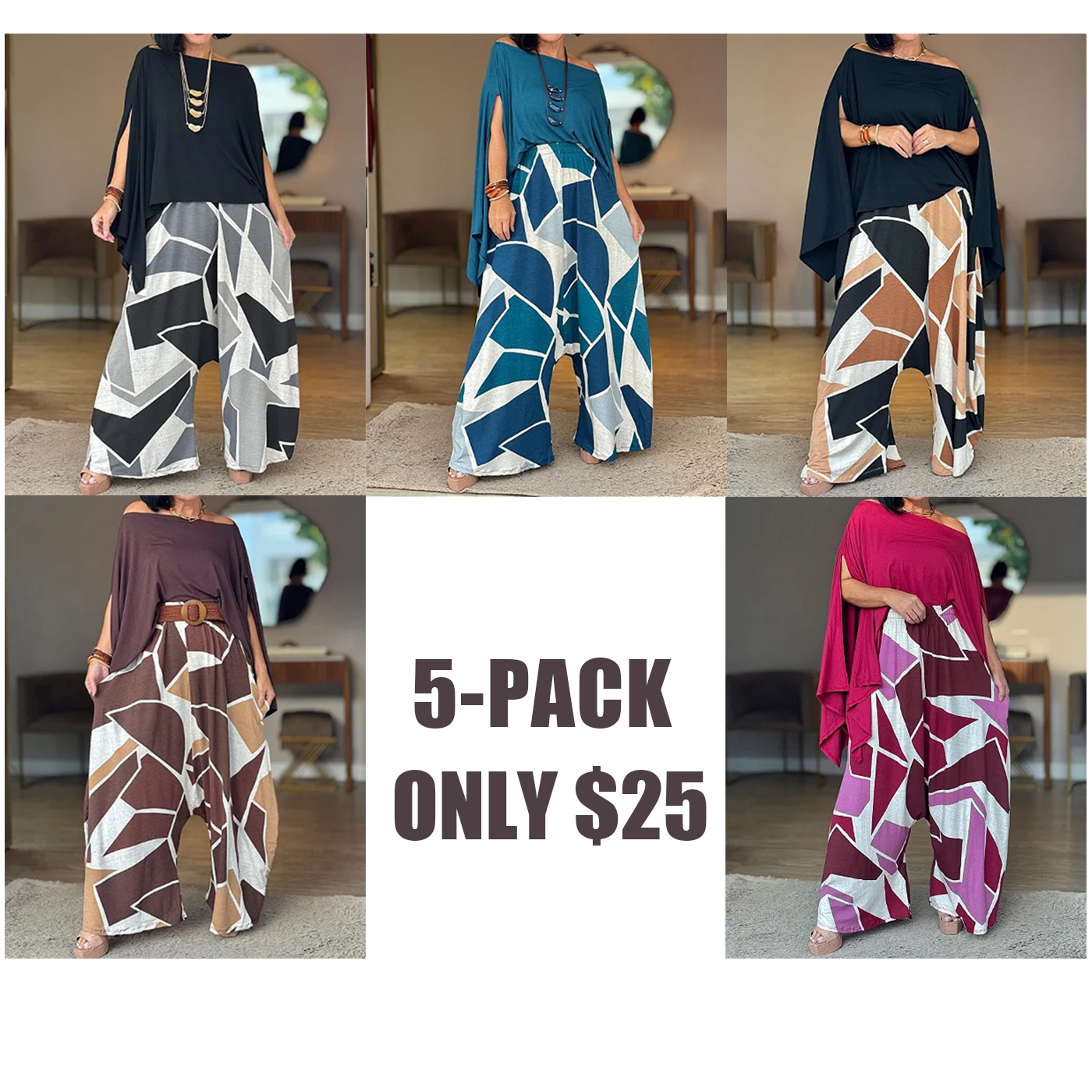 Women's Casual Solid Top & Printed Pants Set – Effortless Everyday Style
