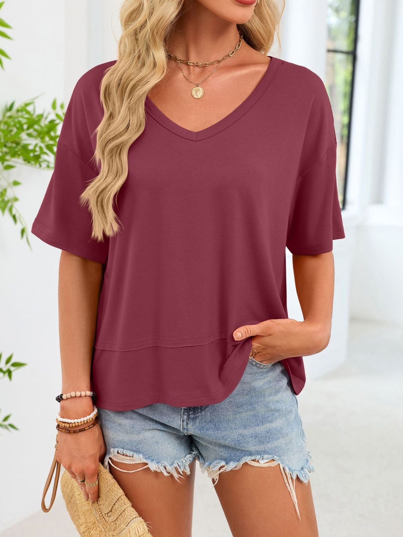 V-Neck Relaxed Fit Solid Color T-Shirt