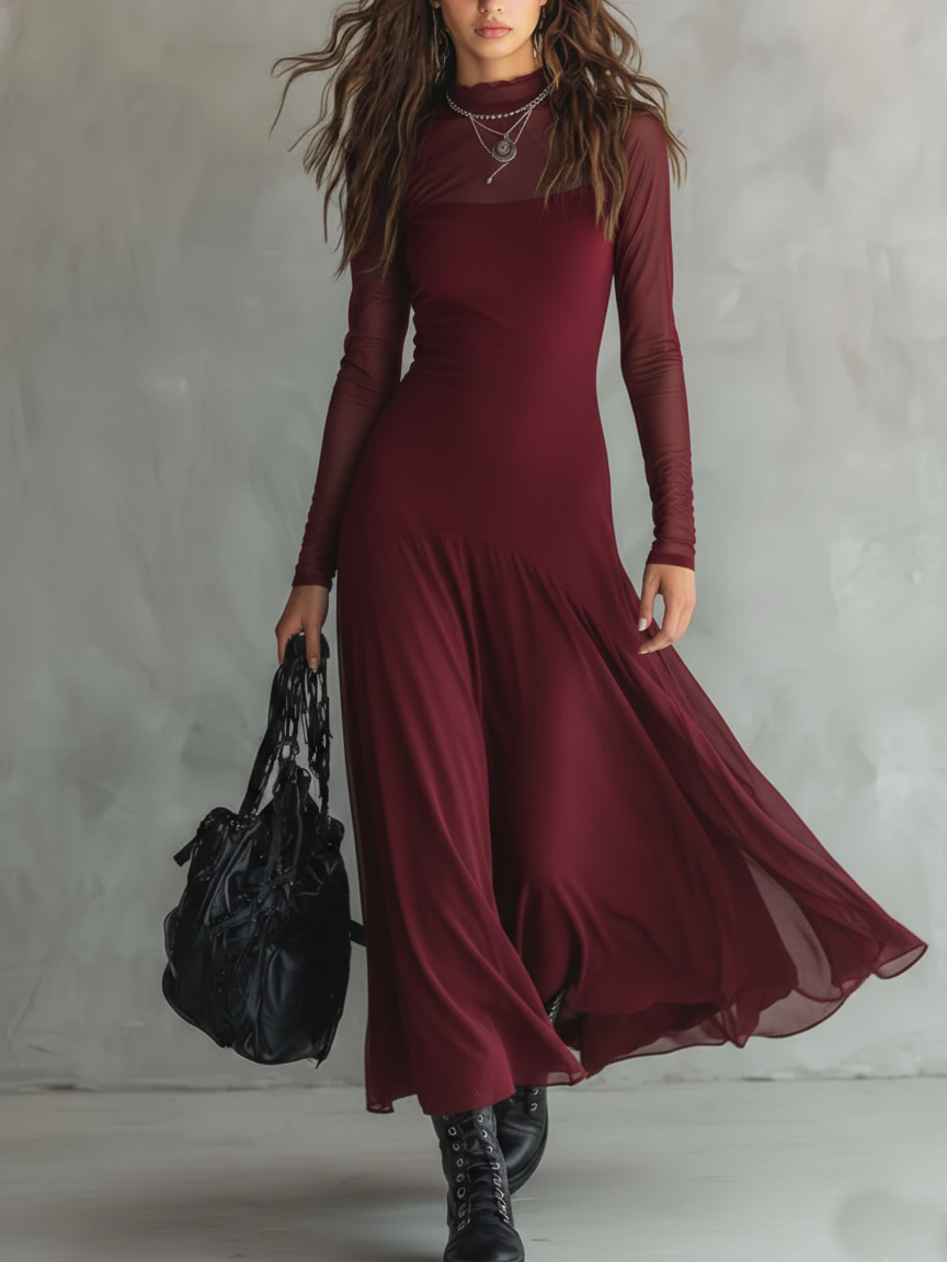Elegant Mesh Sheer Multi-layered Stretch Maxi Dress