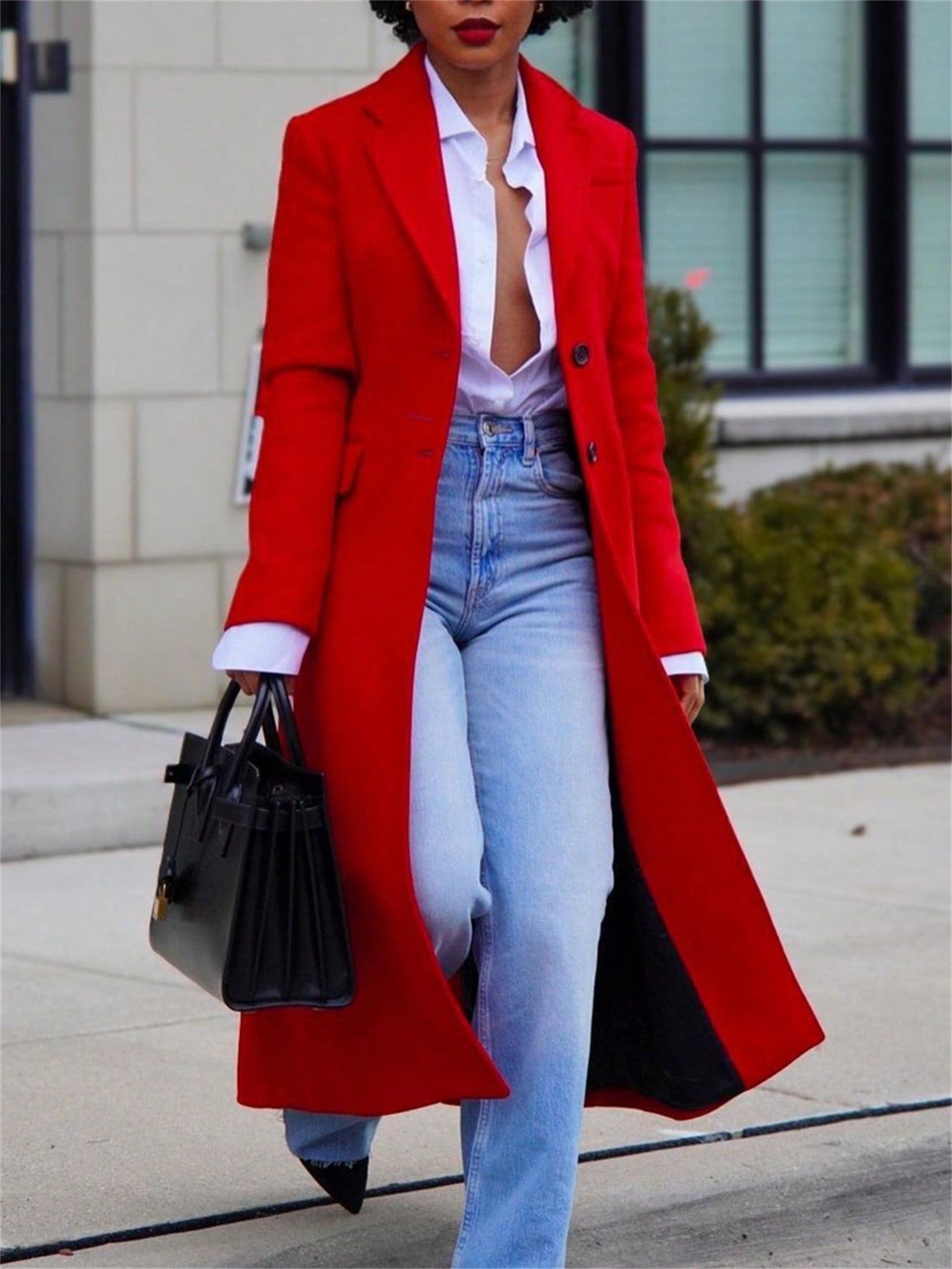 Women's Winter Wool Coat Single-Breasted Pea Coat Casual Long Lapel Work Office Overcoat