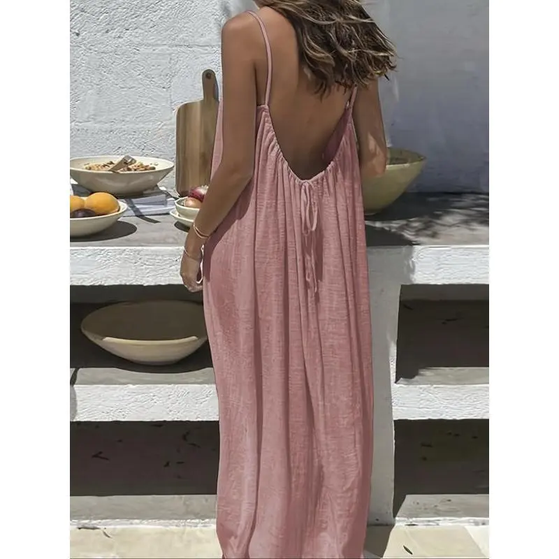 8/16 Pcs Women's Solid Color Backless Cami Dress