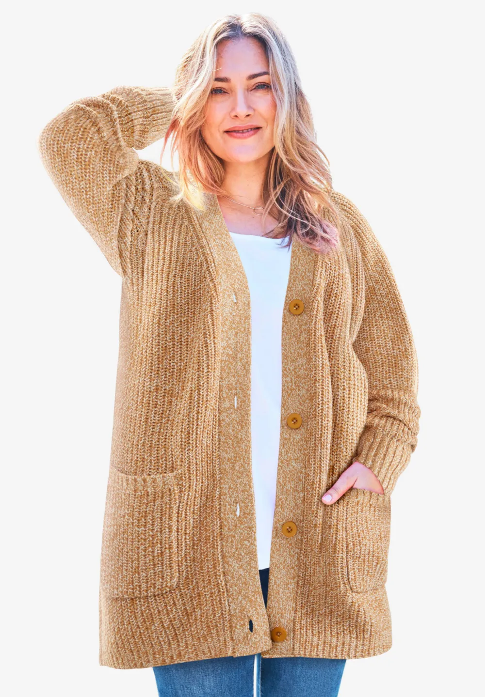 Button-Front Shaker Cardigan