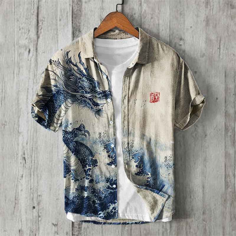 Ancient Dragon & Sea Waves Japanese Art Linen Shirt