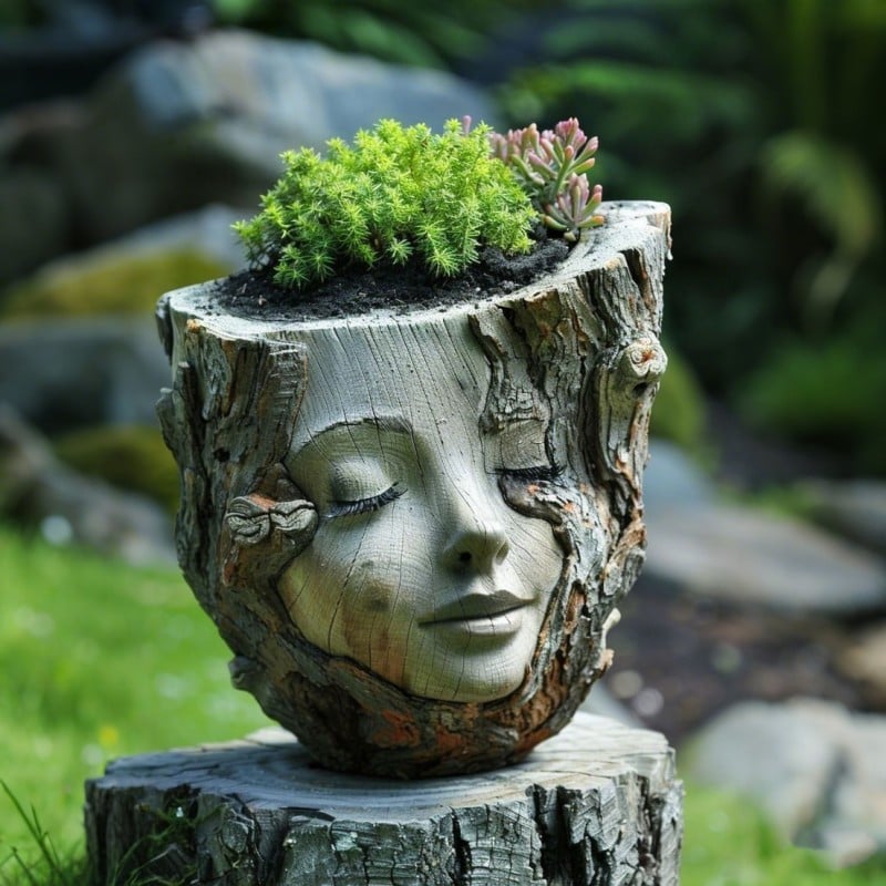 Hand-carved 3D Sleeping Wood Elf Art Planter