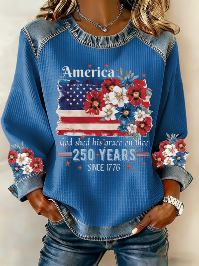 Ladies' Retro American 250Th Independence Day Round Neck Waffle Hoodie