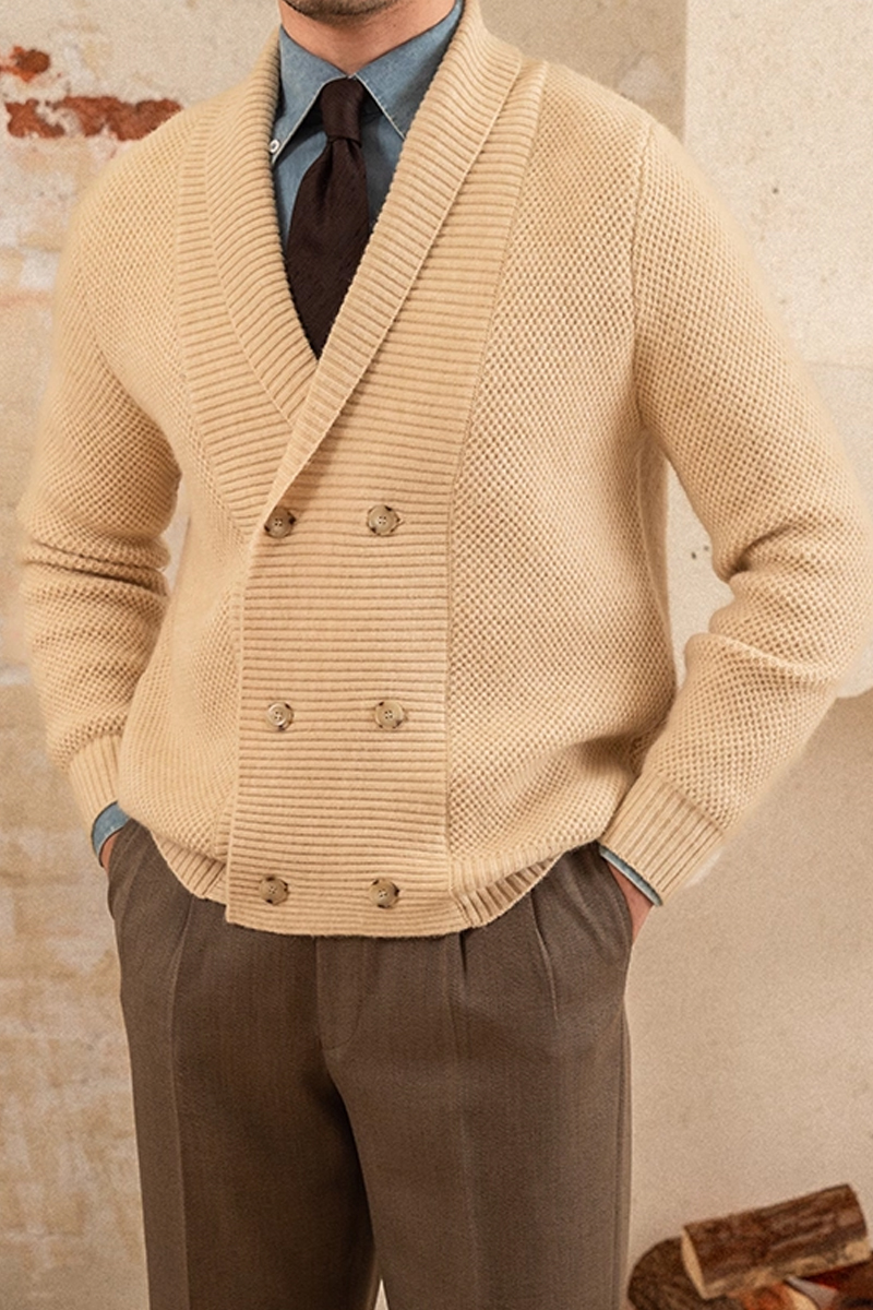 Men's Beige Double-Breasted Shawl Collar Cardigan