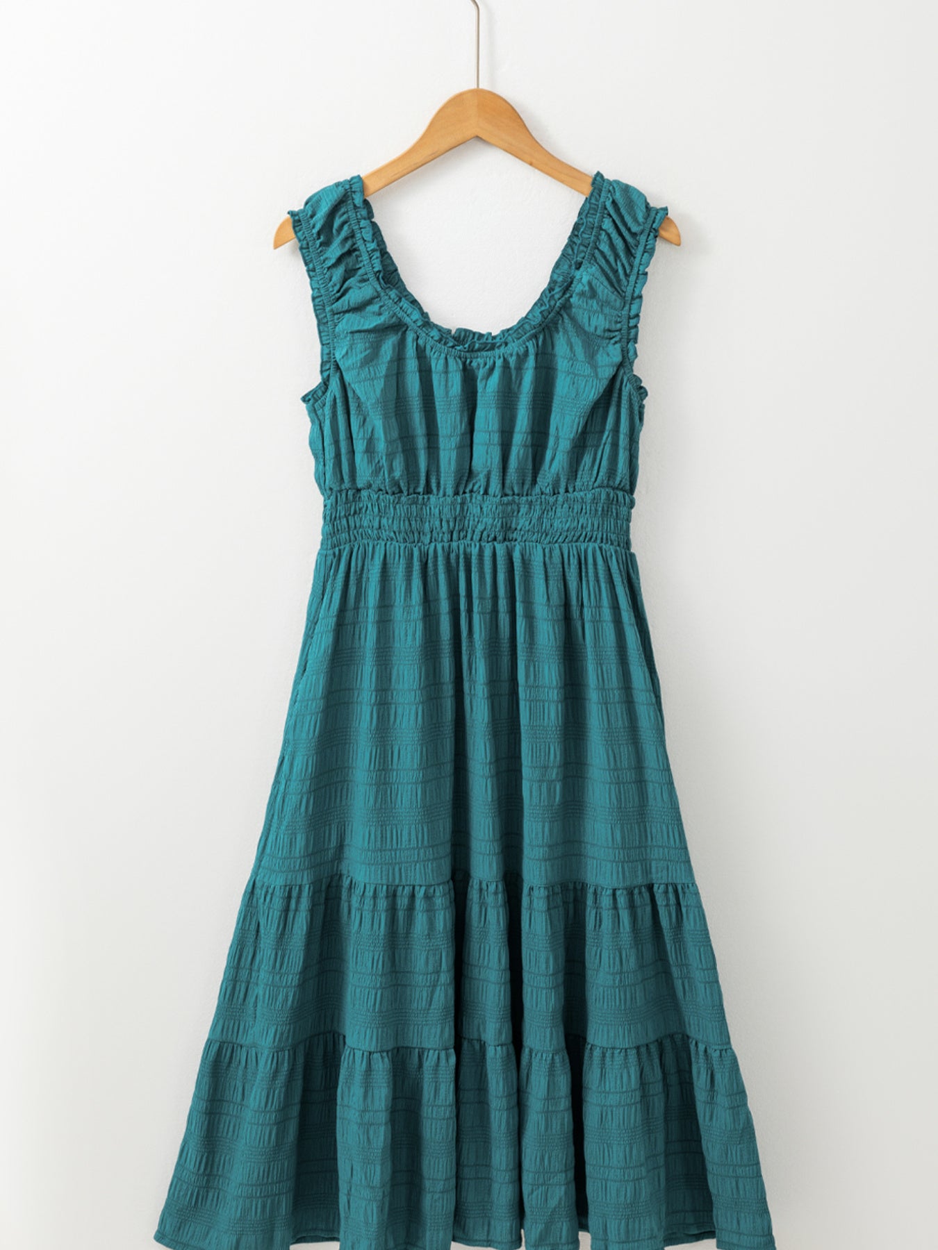 Shirred Pleated Square Neck Sleeveless Midi Dress