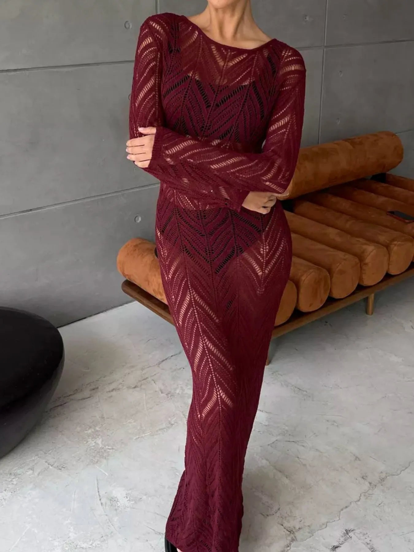 Openwork Long Sleeve Knit Cover Up Dress