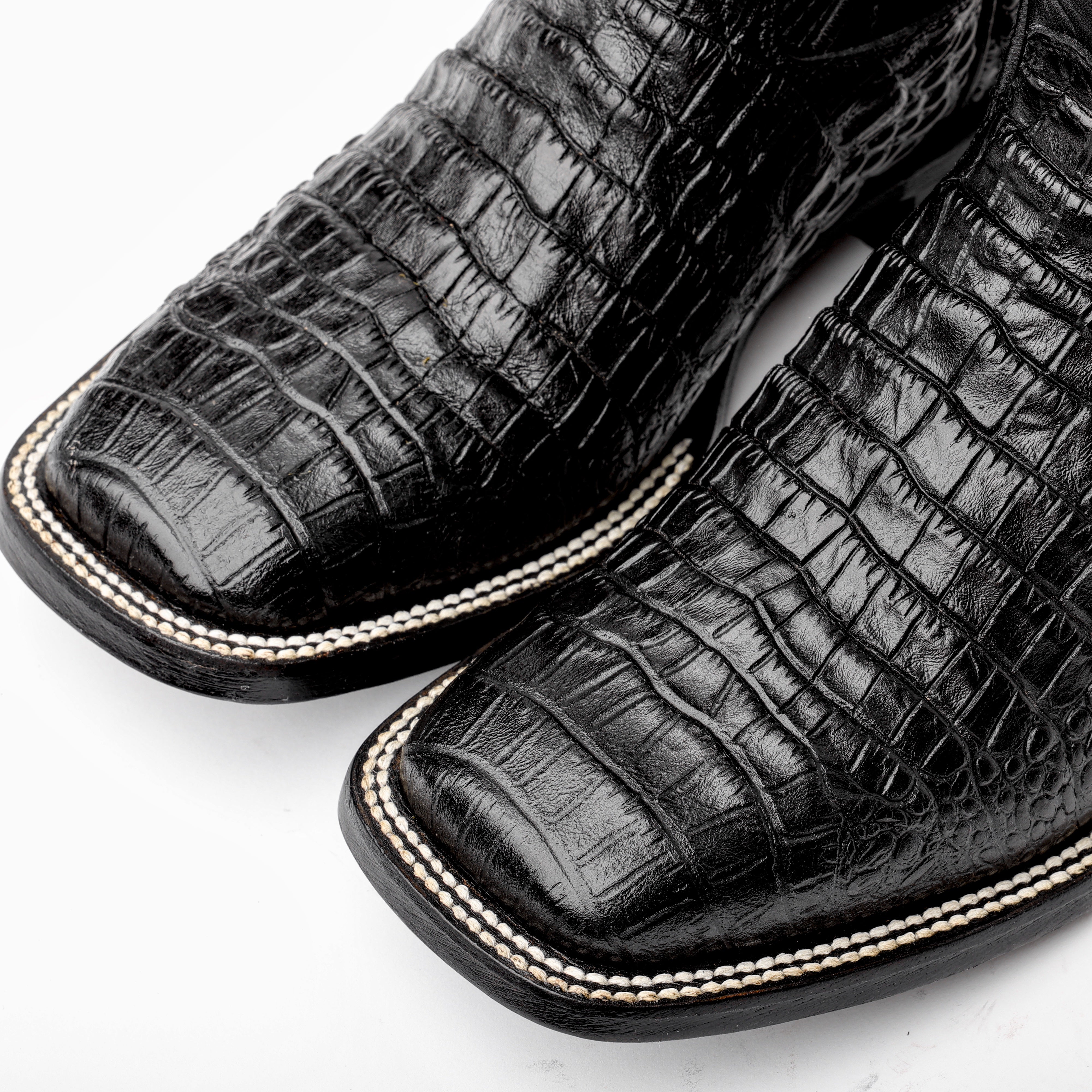 Total Black Caiman Belly Leather Boots - Square Toe