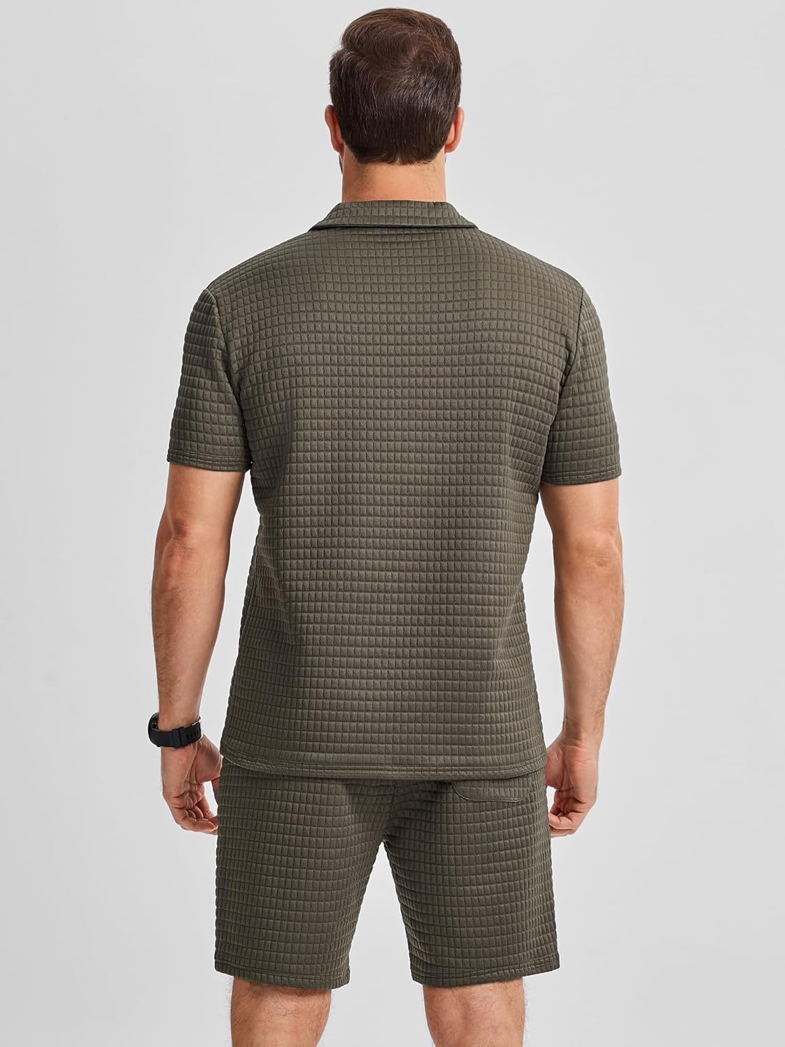 Men's 2 Piece Waffle Knit Outfit Half Zip Polo Shirt and Shorts Textured Summer Set