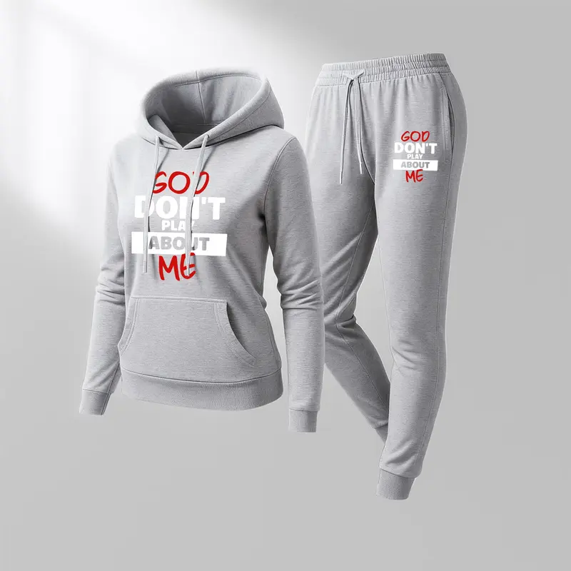 Women's GOD DON'T PLAY ABOUT ME Graphic Print Hoodie, Casual Sportswear, Long-Sleeved Hooded Jacket, Suitable for Autumn and Winter, Everyday Wear, Indoor and Outdoor Sportswear Set SpringStatements