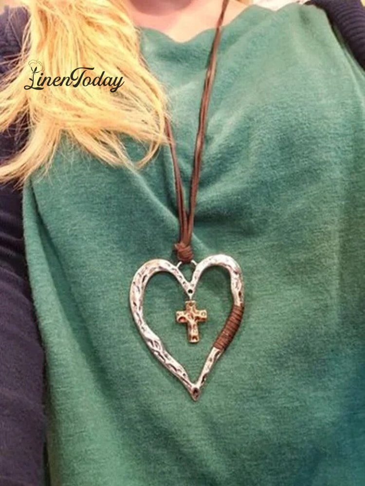 Women's Vintage Cross Love Heart Pendant Necklace