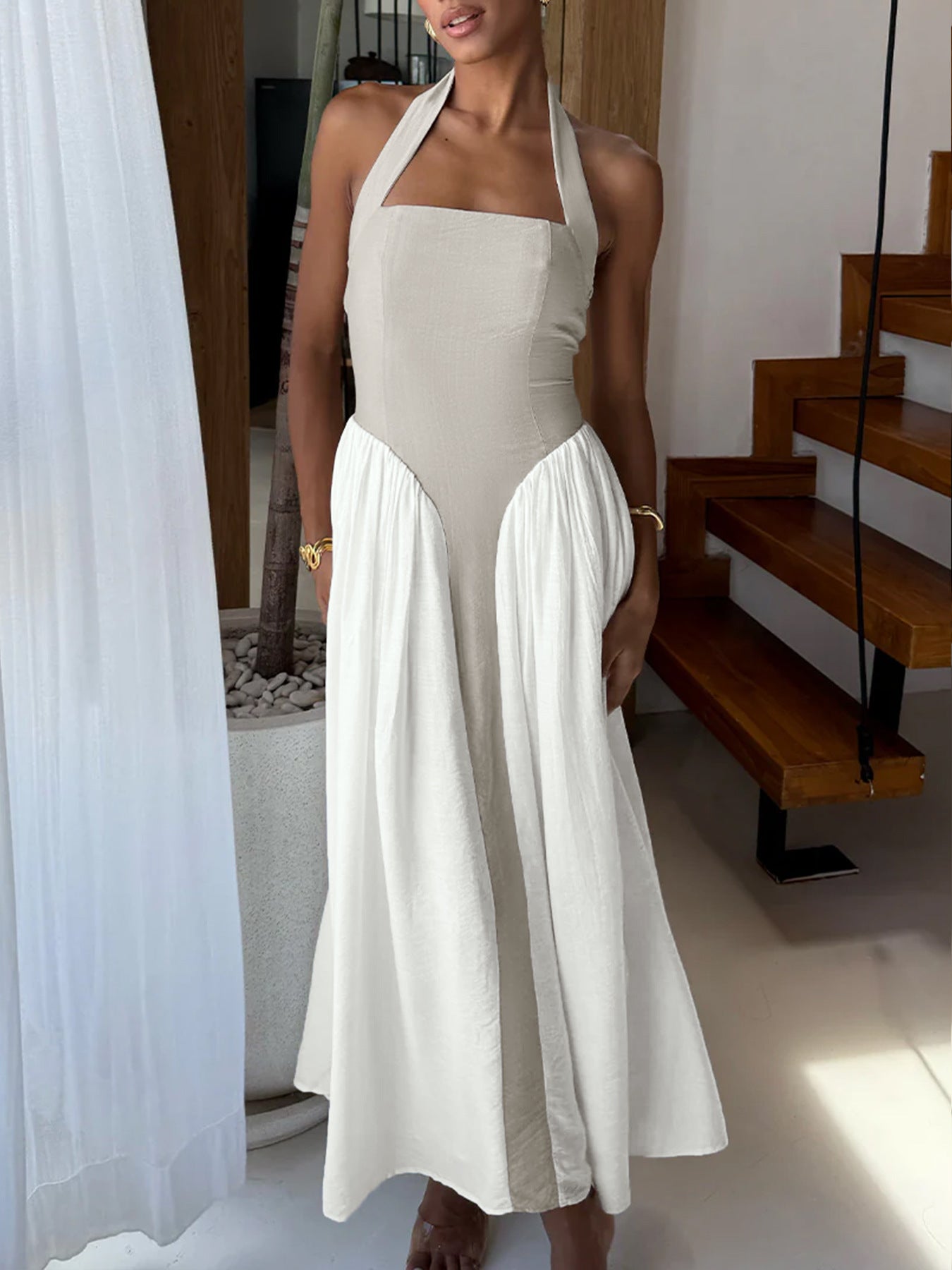 Halter Neck Two-Tone Maxi Dress