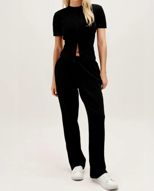 Chic Women's Button-Up Top & Wide Leg Trouser Set – Casual & Comfy!