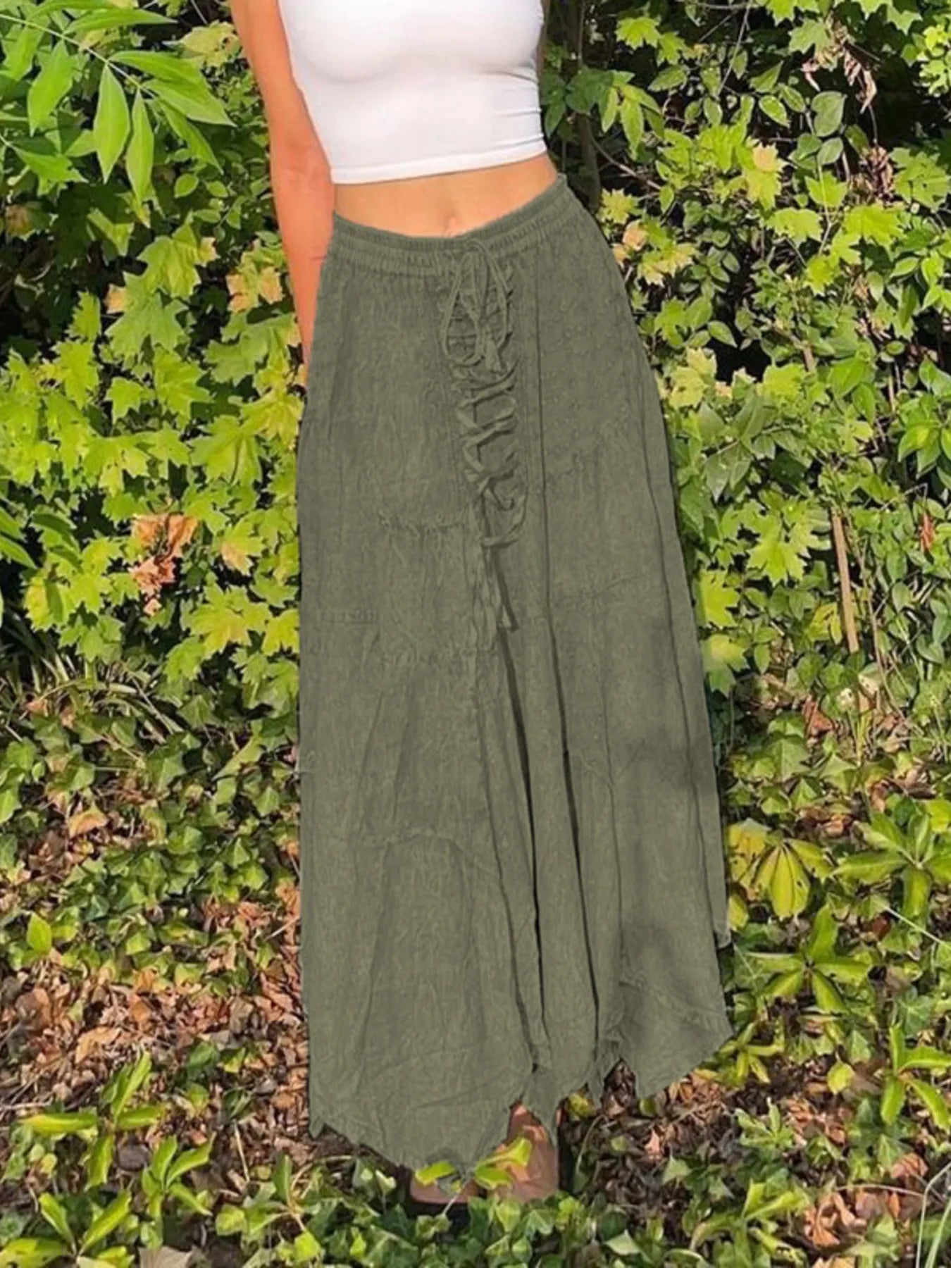Asymmetrical Hem Midi Skirt With Drawstring Waist