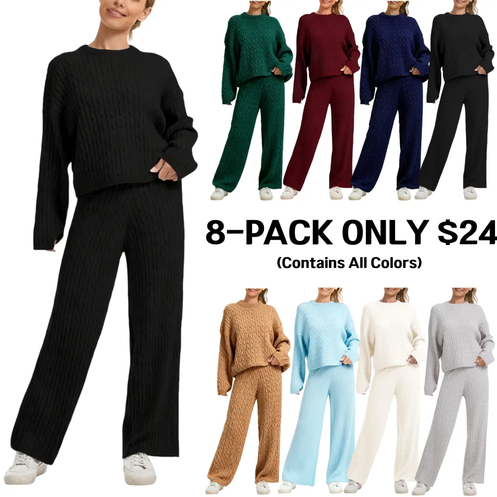 Women's Cable Knit Lounge Set - Long Sleeve Pullover & Wide Leg Pants