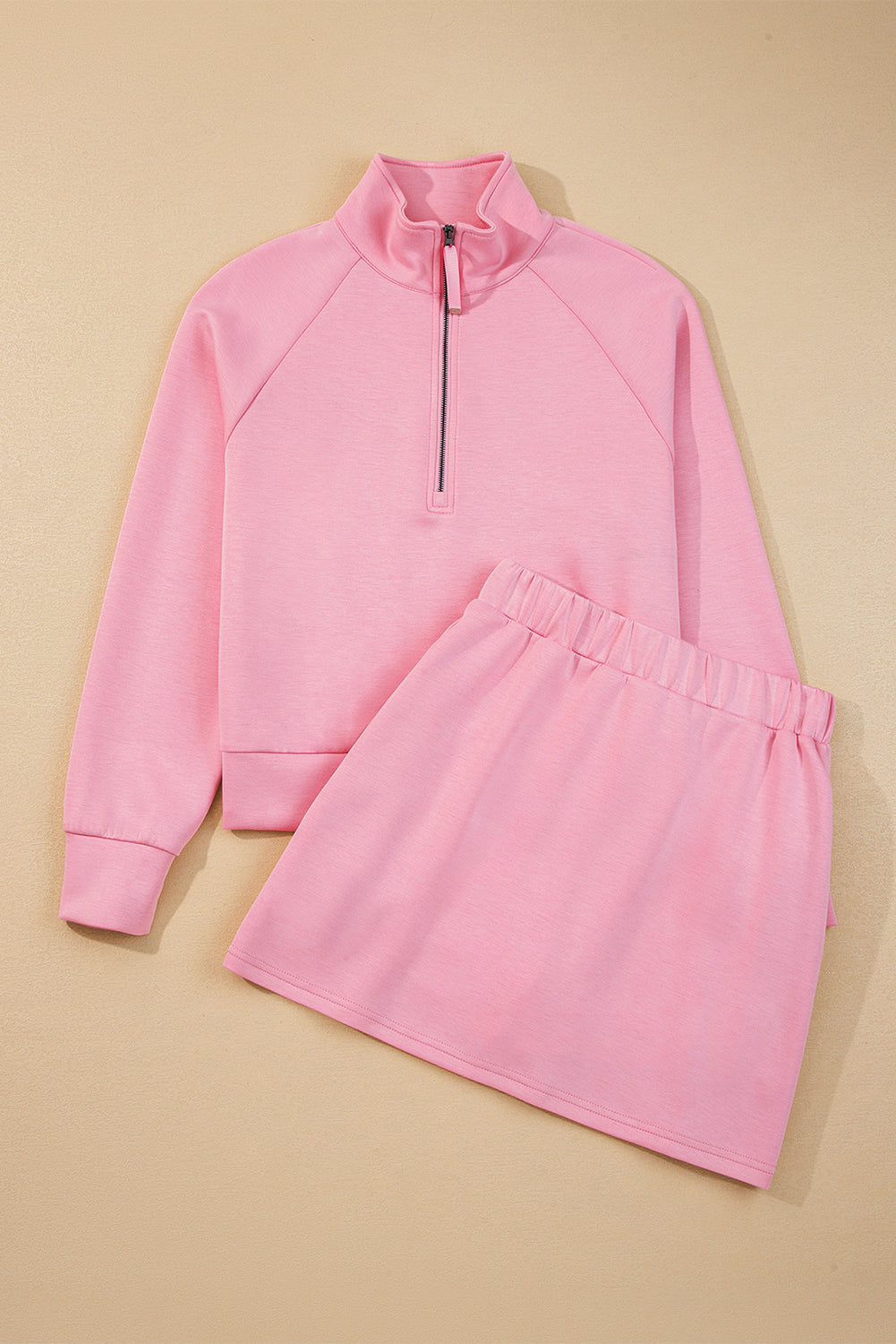 Pink Half Zip Sporty Pullover Mini Skirt 2pcs Outfit