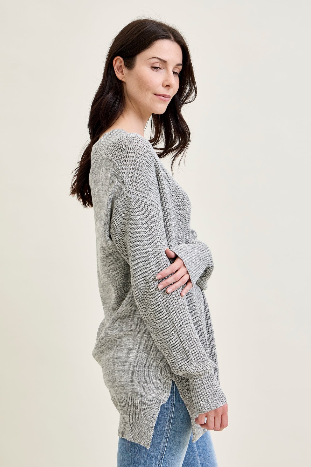 Slouchy V-Neck Off Shoulder Grey Sweater