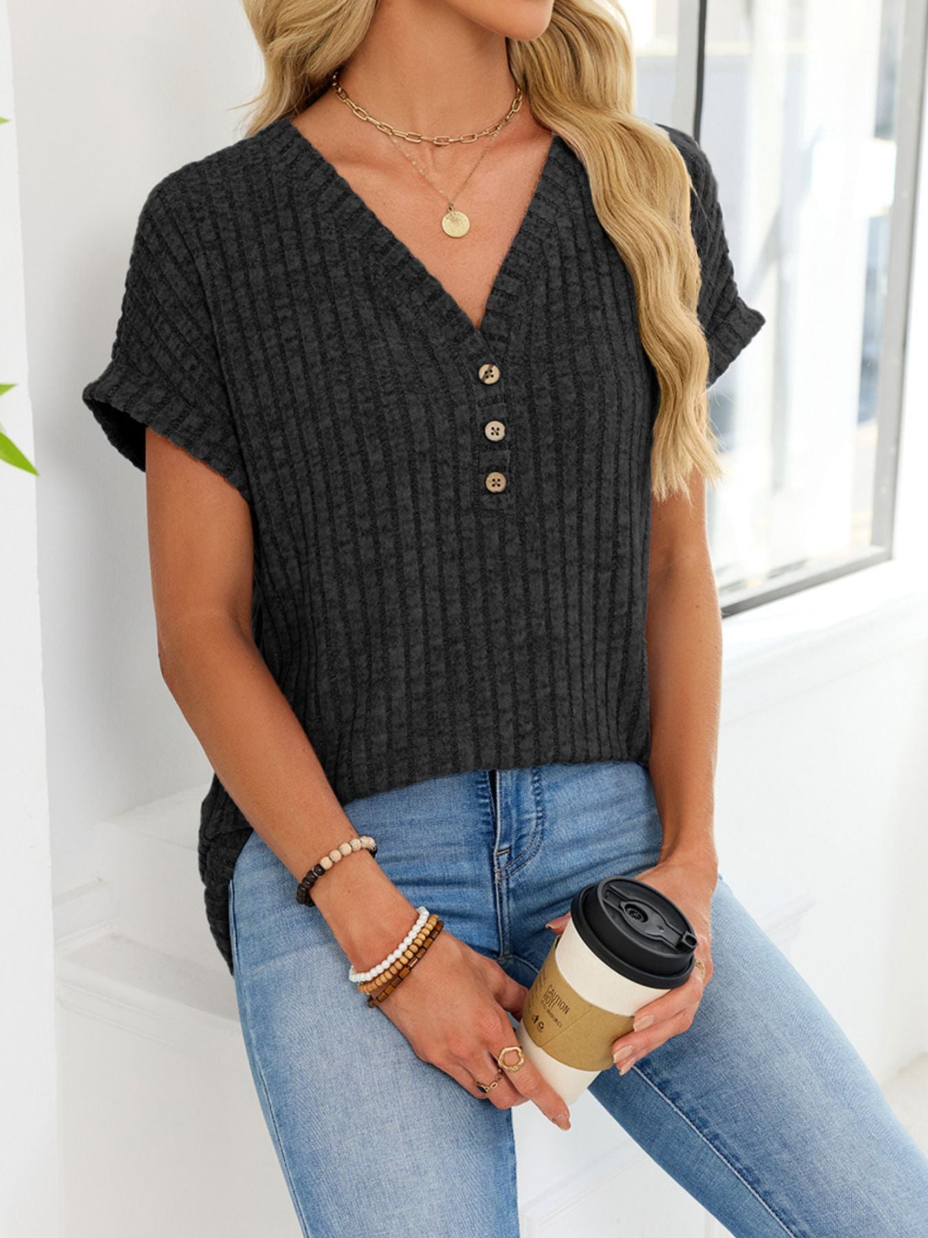Ribbed Knit V-Neck T-Shirt