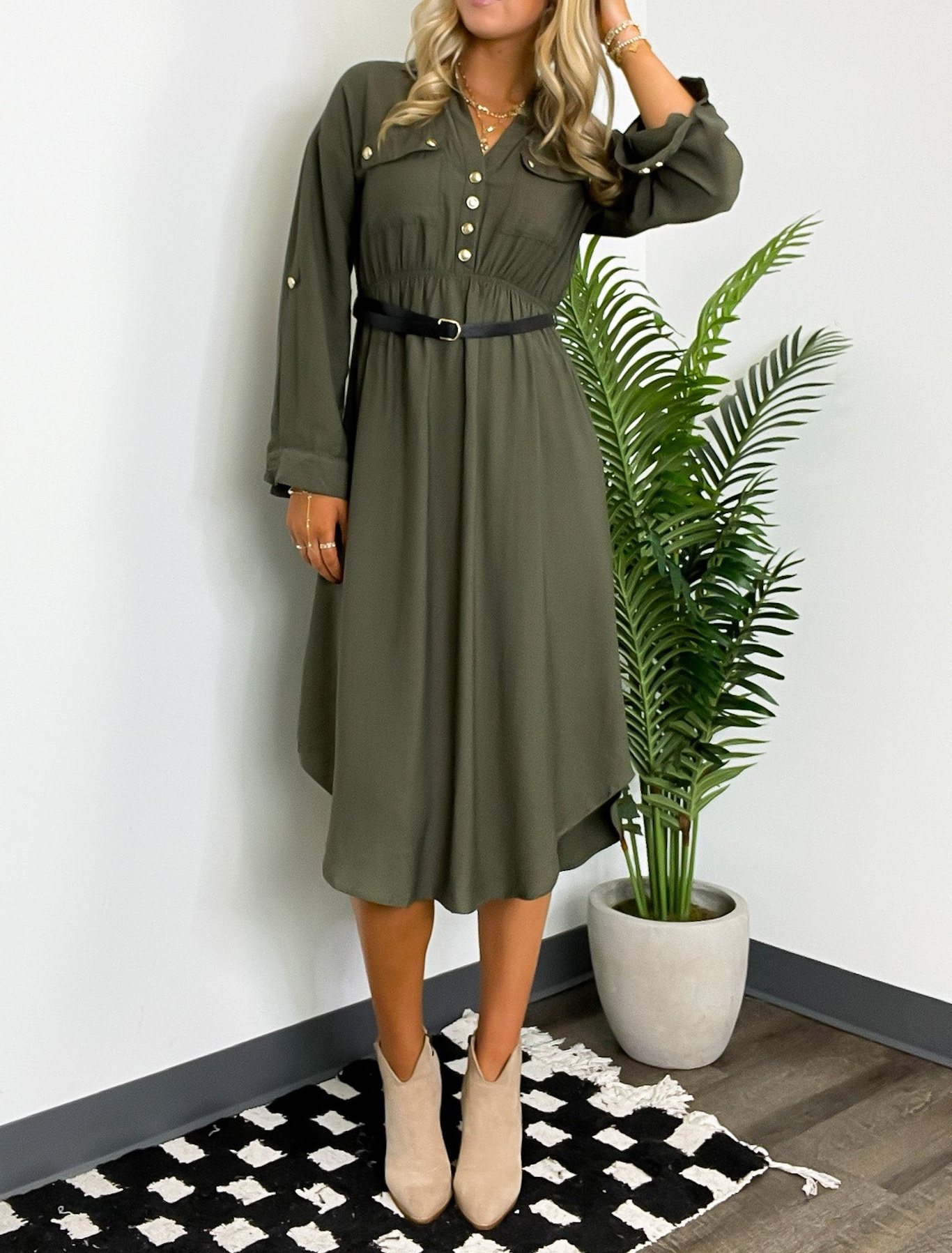 Adeline Button Down Belted Midi Dress