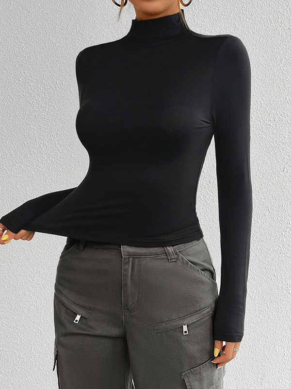 Solid Color Long Sleeves Skinny High Neck T-Shirts Tops