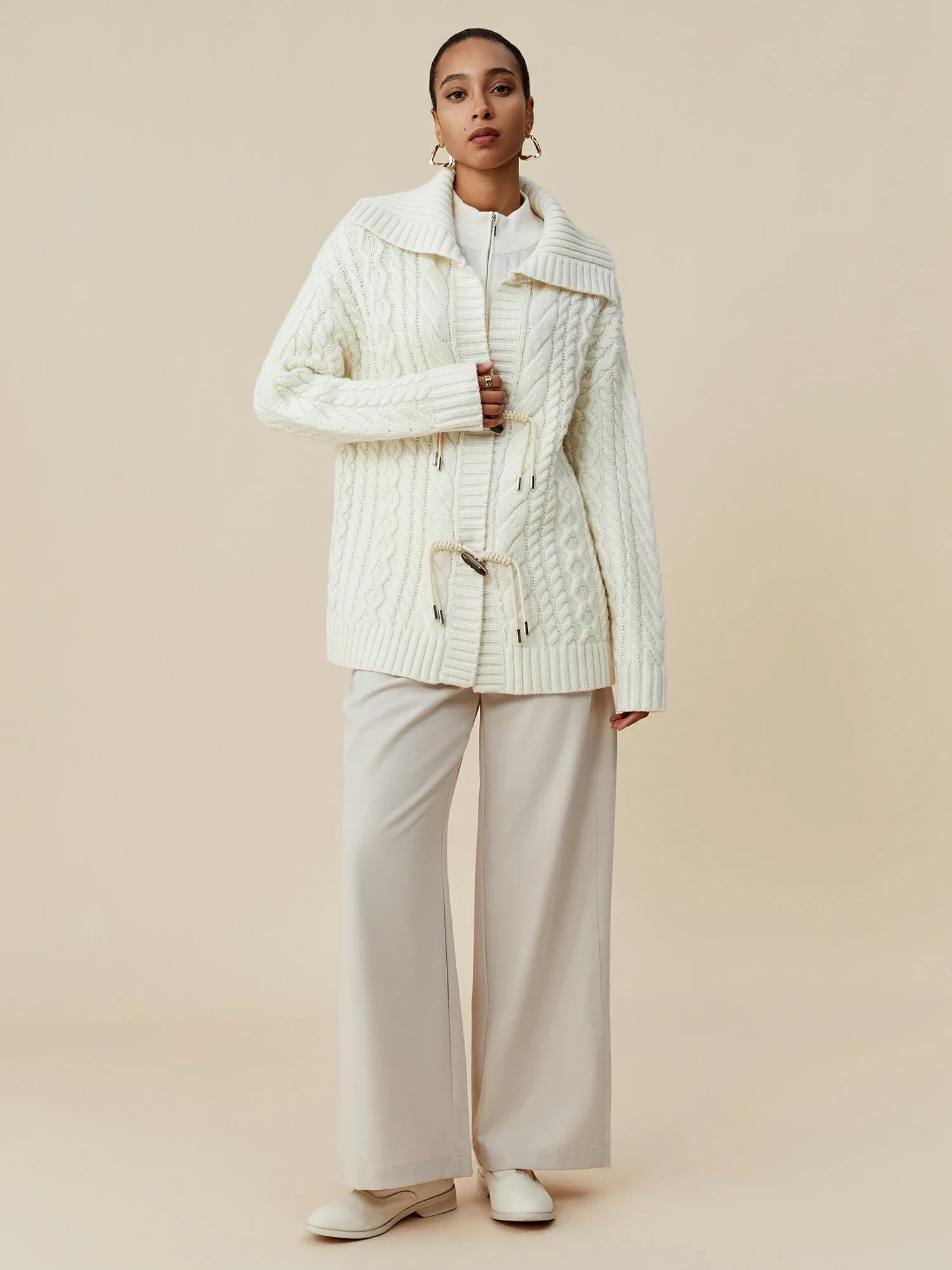 100% Wool Lapel Long Sleeve Knit Cardigan