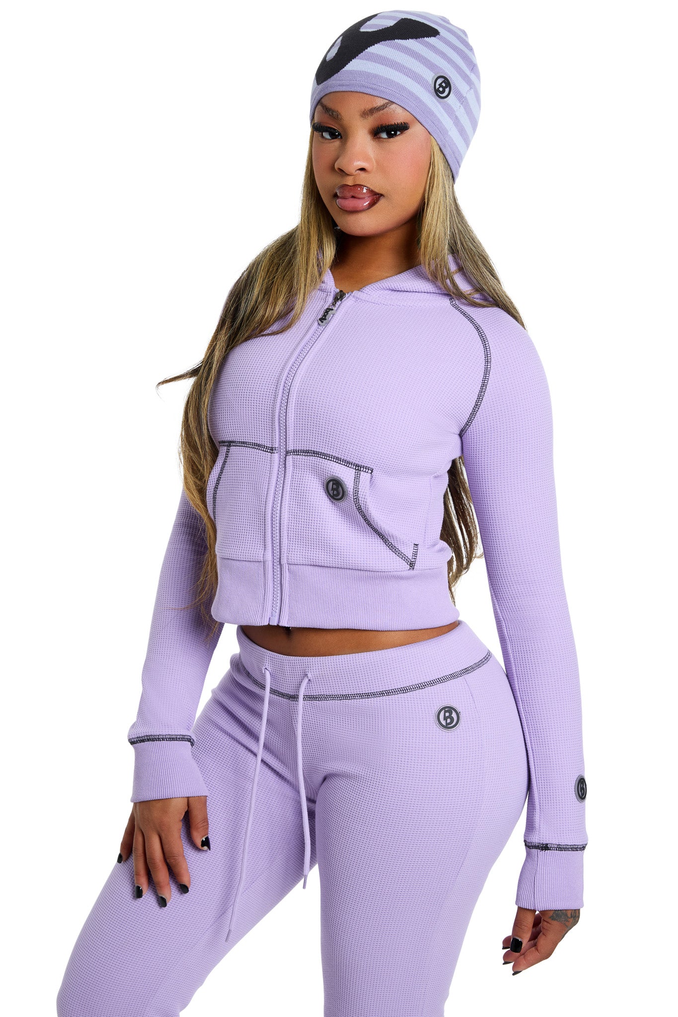 WAFFLE KNIT HOODIE (LAVENDER/BLACK)
