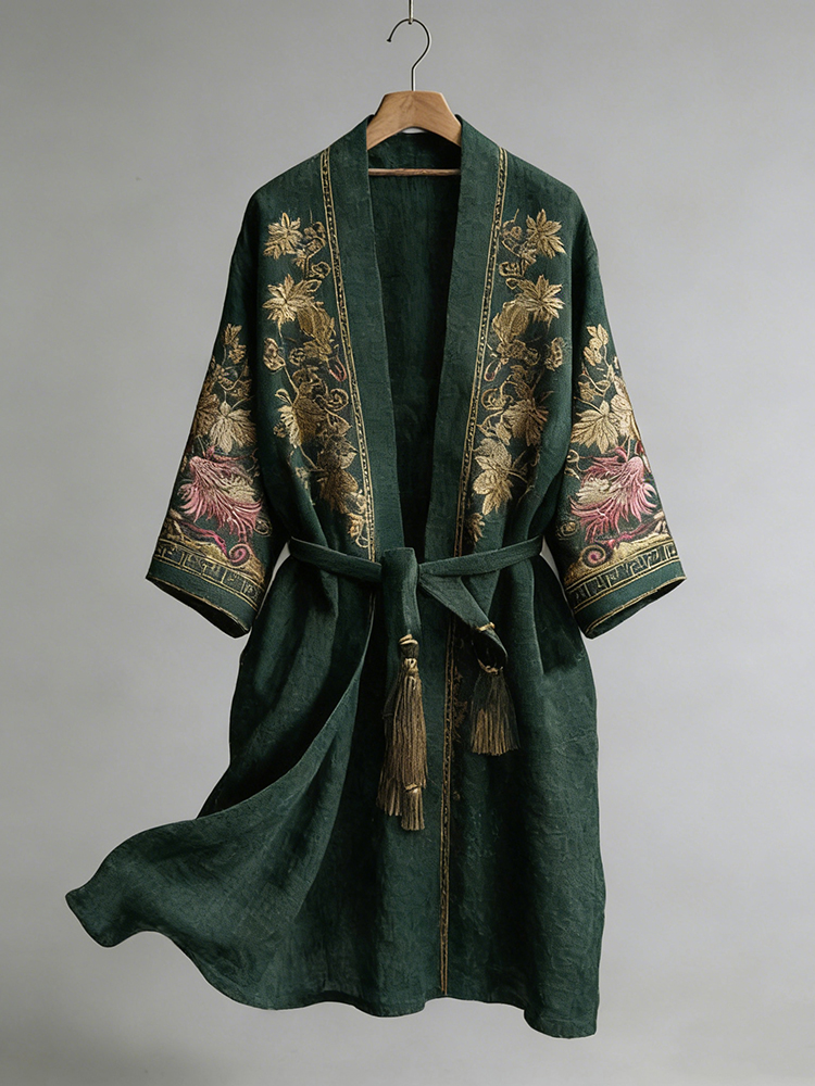 Japanese Maple Leaf Print Linen Blend Kimono