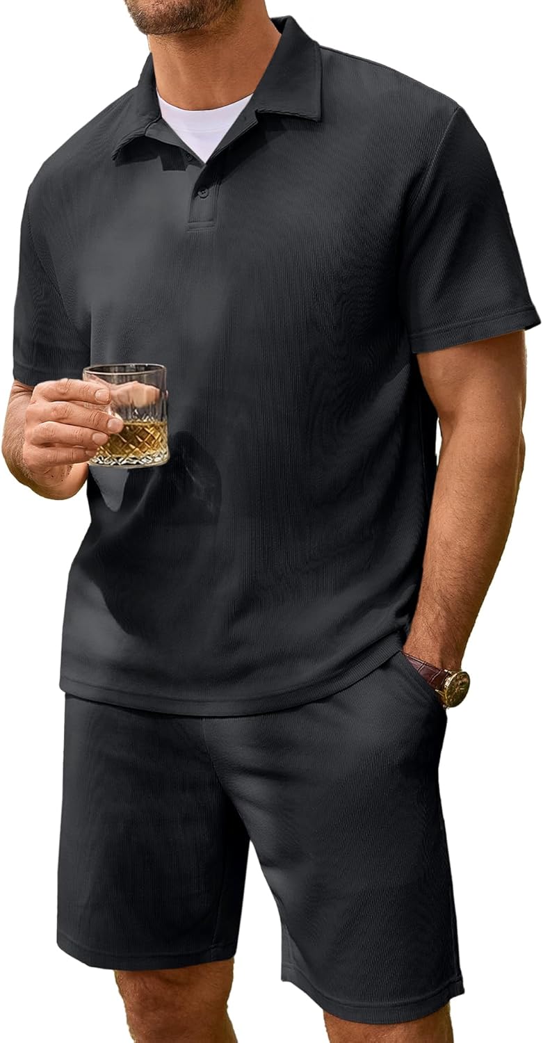 Men's 2 Pieces Outfits Casual Knit Ribbed Textured Button Down Short Sleeve Polo Shirt and Shorts Set