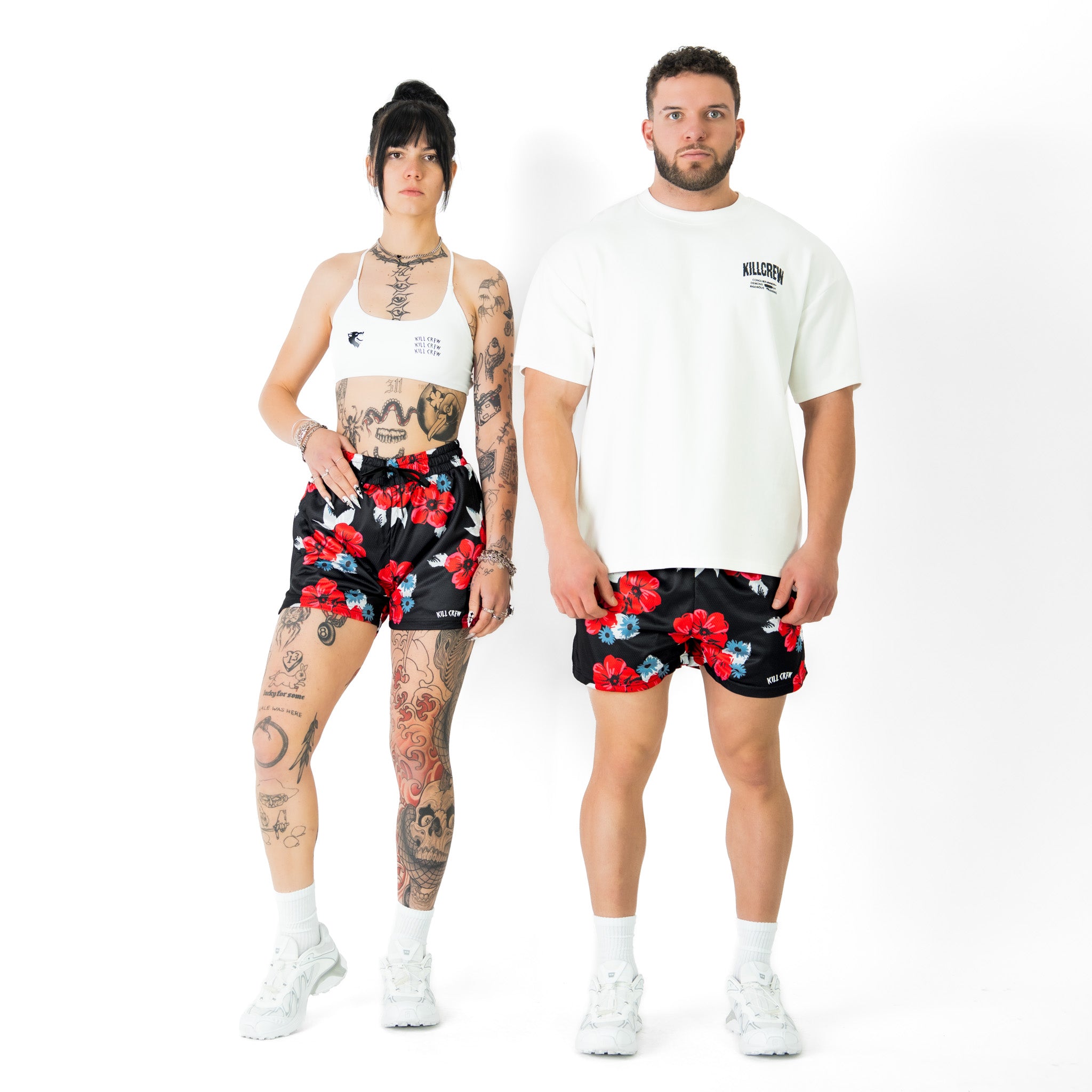 MUAY THAI SHORTS (MID THIGH CUT) FLORAL - BLACK