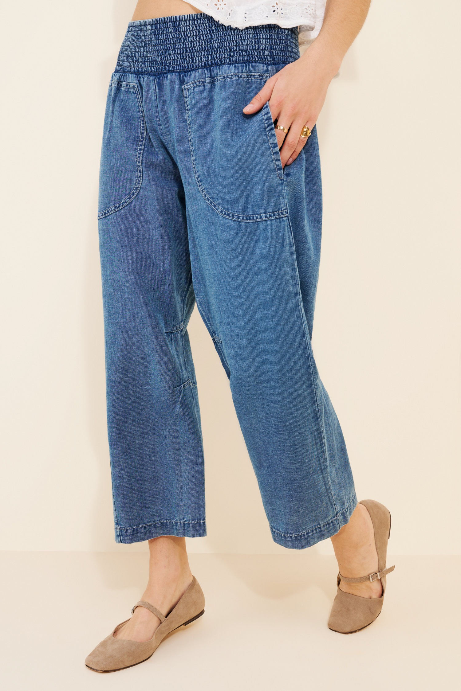 Elastic Waist Wide Leg Cotton Crop Denim Jeans