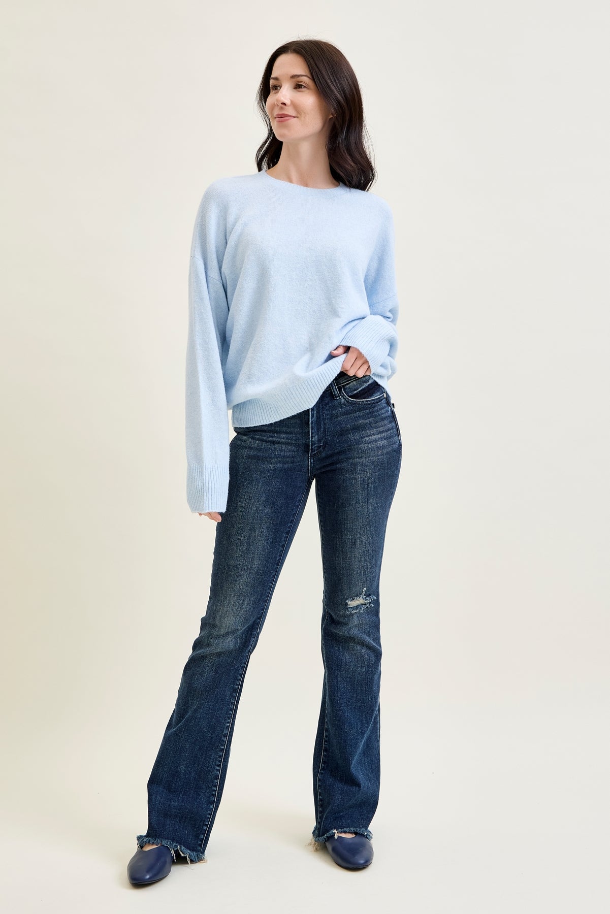 Amanda Mid Rise Flare Jeans with Distressed Knee & Frayed Hem