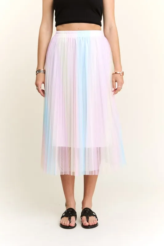 Pleated Mesh Flare Midi Skirt