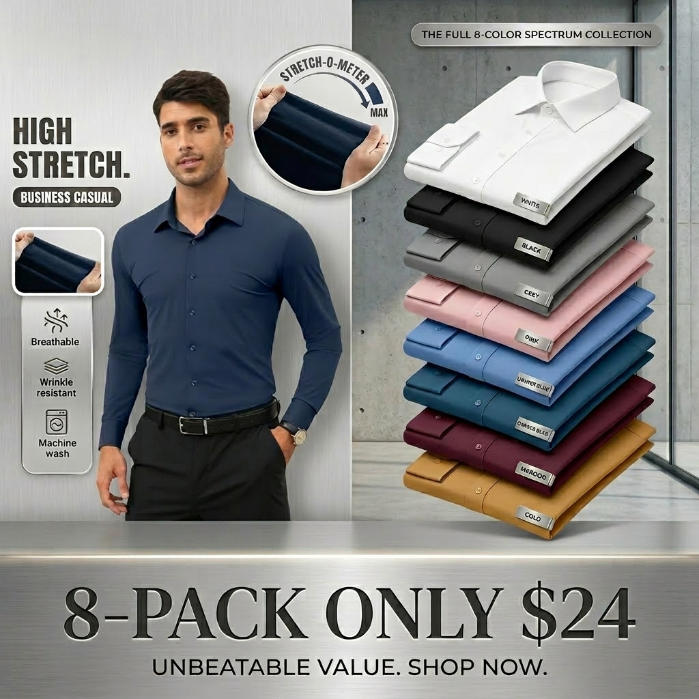 Men’s 4-Way Stretch Travel Dress Shirt: Wrinkle-Free Slim Fit