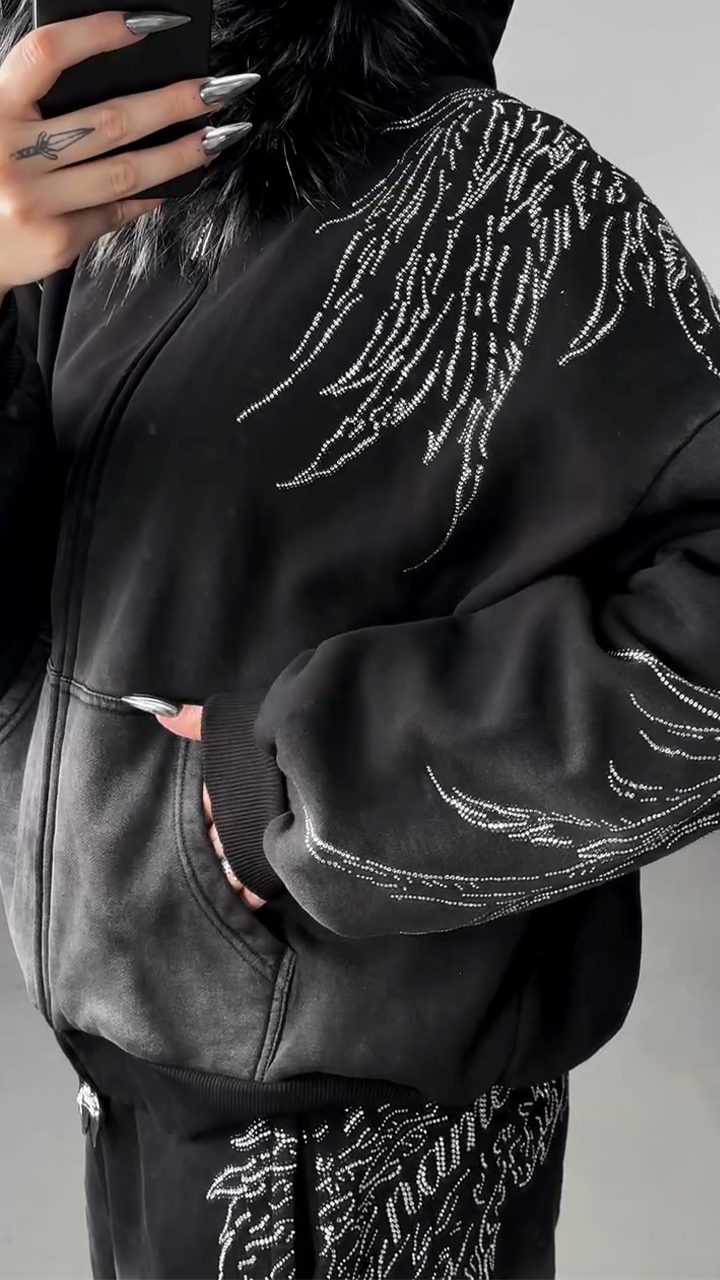 Women Hooded Hot Stamping Rhinestone Jacket+ Pants Casual Set